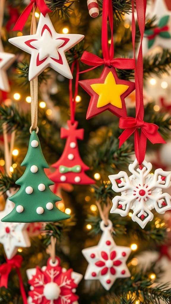 Colorful handmade clay Christmas ornaments hanging from a tree with fairy lights.